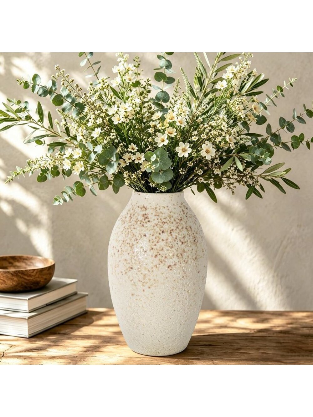 7.08 Inch Rustic Cream Ceramic Flower Table Vase Speckled Bubble Glaze Home Deco